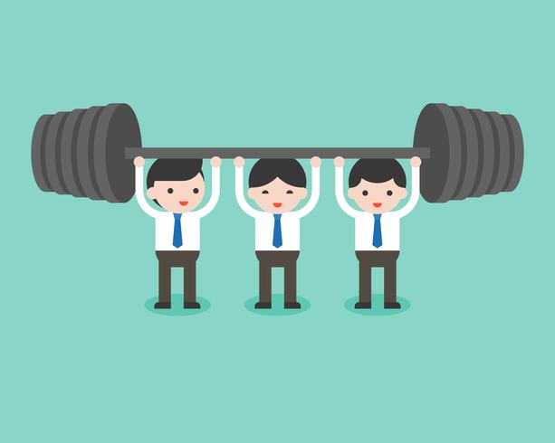 Cute businessman team help each others for weight lifting vector