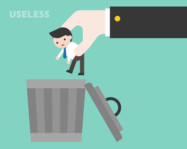 Big business hand throwing small businessman to trash bin, useless person concept vector