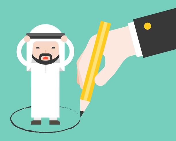 Arab business man trap in circle drawn by other giant business hand vector