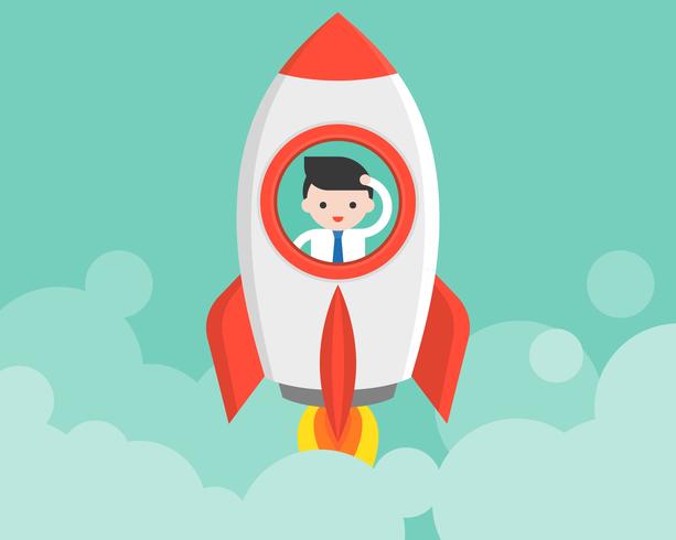 Businessman in launching rocket, start up concept vector