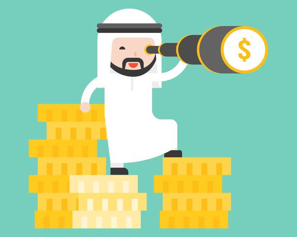 Arab business man stands on stack of gold coin using monocular vector