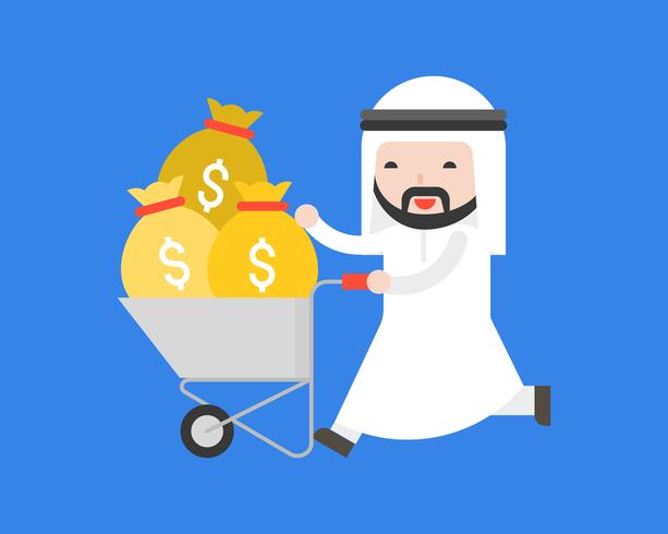 Happy Cute arab business man push cart which full with money bag vector