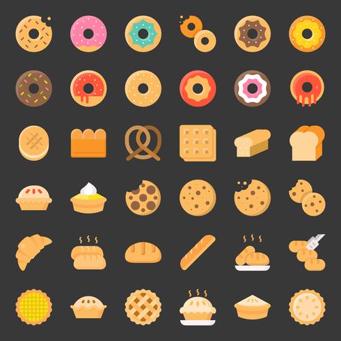 Pan, rosquilla, pastel, producto de panadería, conjunto de iconos planos vector