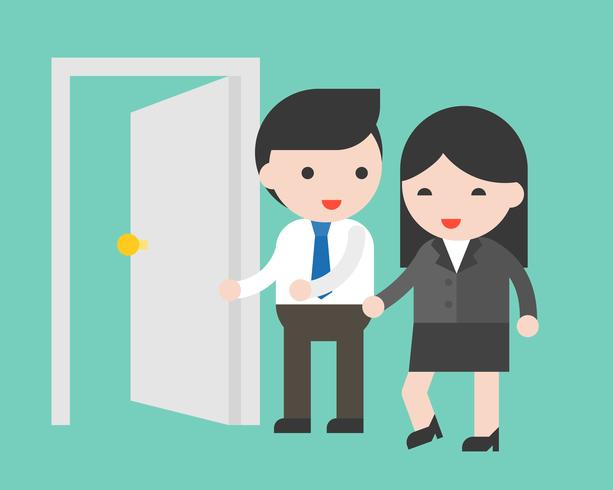 Businessman open door for businesswoman, gentle man concept vector