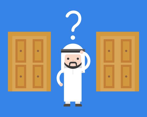 Arab business man confuse to choose which door for solution vector