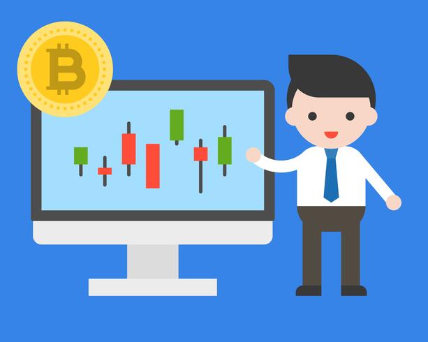 Businessman present candle bar of bitcoin, cryptocurrency analysis business concept