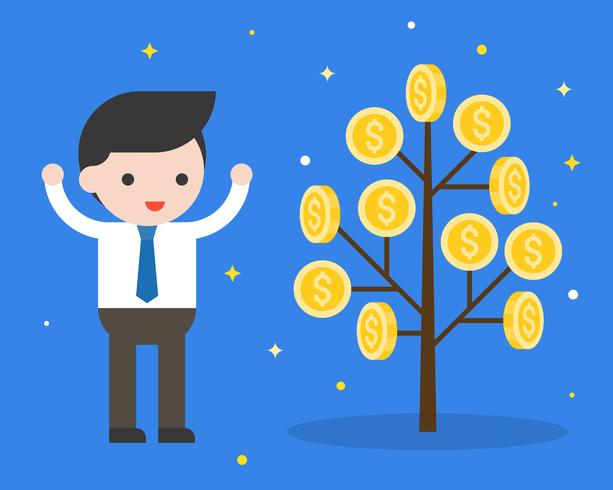 Businessman with money coin tree, investment growing concept vector