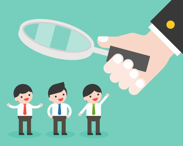 Hand hold magnify glass with group of cute businessman vector