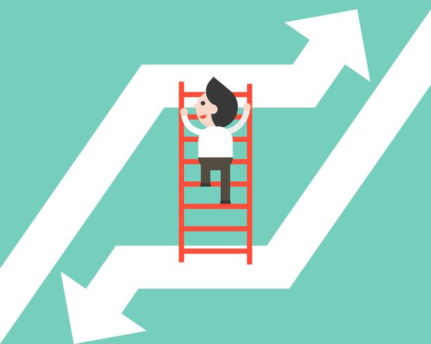 Businessman climbing ladder moving from falling arrow to rising up arrow vector