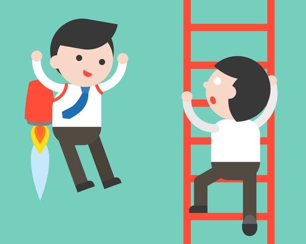 Businessman climb a ladder and Businessman flying with jet pack vector