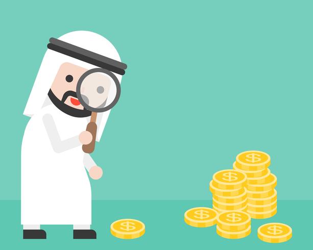 Cute arab businessman looking money through magnifying glass vector