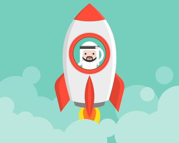 Cute Arab businessman in launching rocket, business situation start up concept