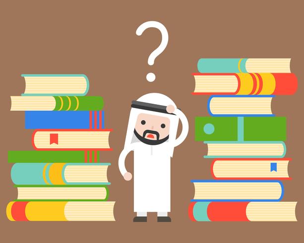 Cute Arab businessman standing confused doubt face between stack of books