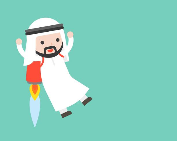 Cute Arab businessman flying with backpack rocket , business situation vector