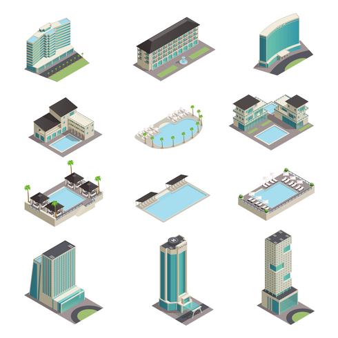 Hotel de lujo edificios iconos isométricos vector