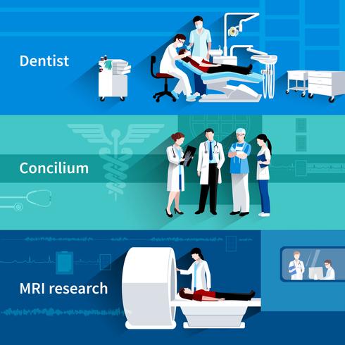 Médicos especialistas 3 banners horizontales establecidos vector