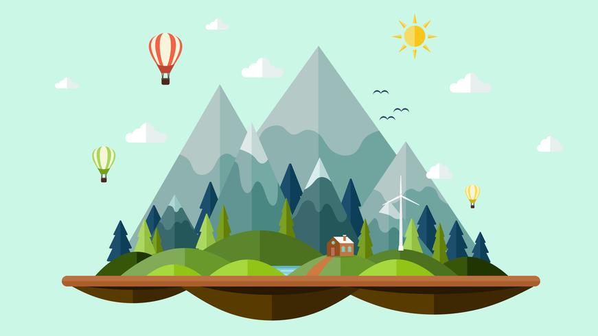 Diseño plano soleado de naturaleza paisaje de fondo. vector