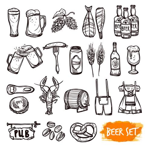 Cerveza negro doodle iconos conjunto vector