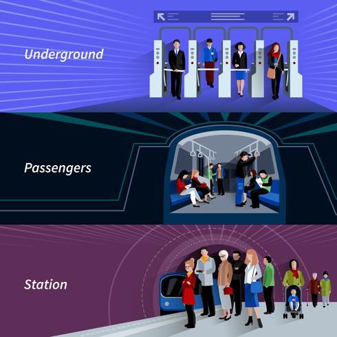Conjunto de banners planos de pasajeros del metro. vector
