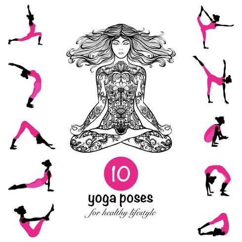 Yoga poses asanas pictograms composition poster vector