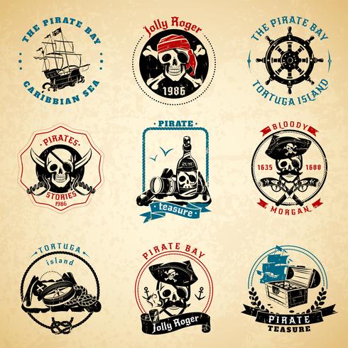 Pirate emblems vintage old paper set vector