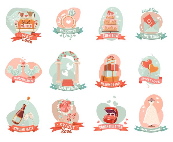 Wedding marriage engagement emblems stickers set vector