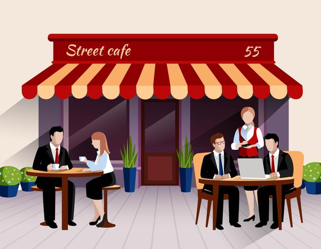 Street cafe customers flat banner illustration vector