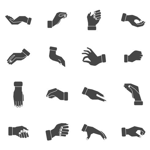 Las palmas de la mano agarrando conjunto de iconos negros vector