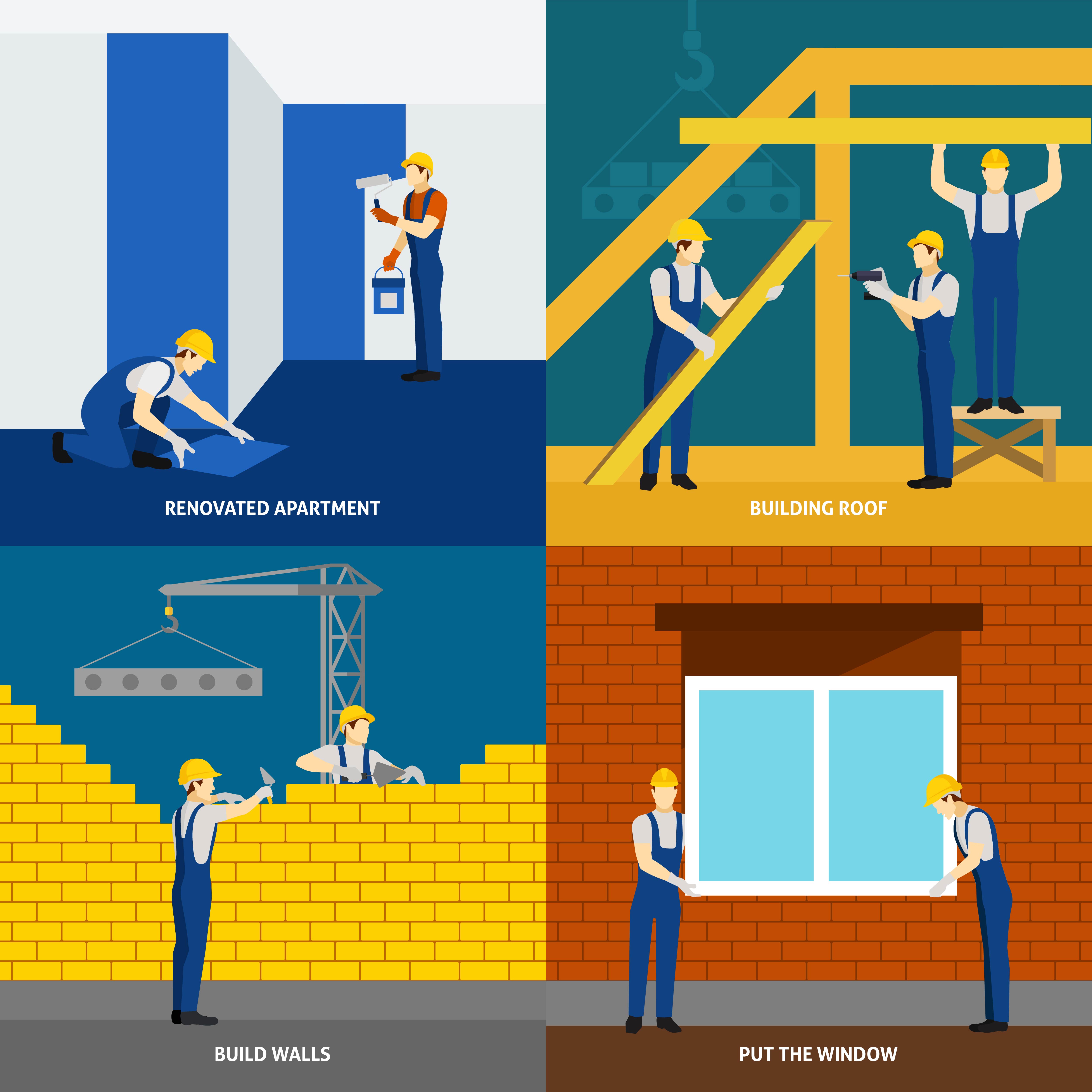 Building construction 4 flat icons square 466246 Vector Art at Vecteezy
