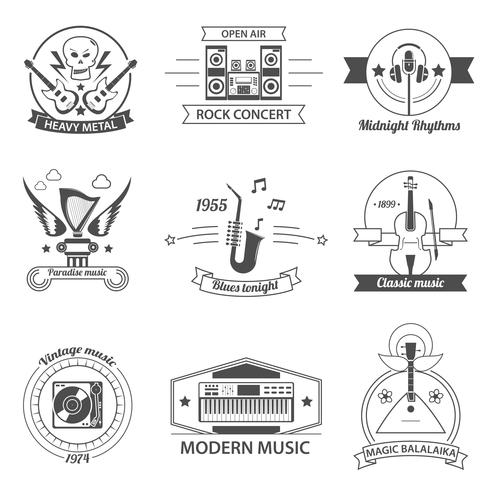 Etiquetas de estilos musicales en blanco y negro vector