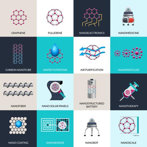 Nanotecnología aplicaciones productos planos iconos conjunto vector