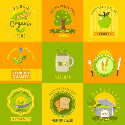 Conjunto de iconos planos de alimentos naturales emblemas vector