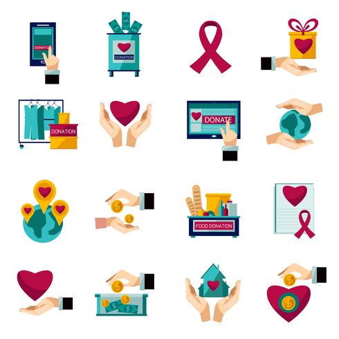 Charity donation flat icons set vector