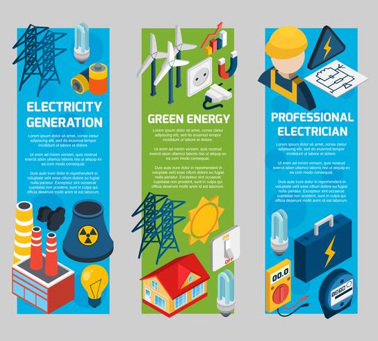 Conjunto de banners isométricos de electricidad vector