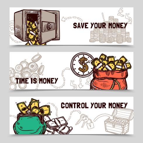 Time management financial banners set doodle  vector