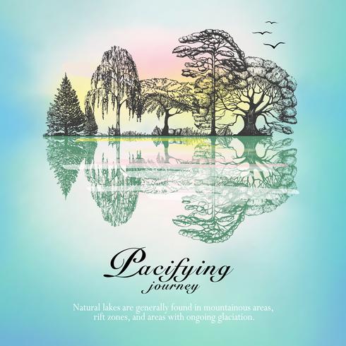 Forest landscape reflection hand drawn poster vector