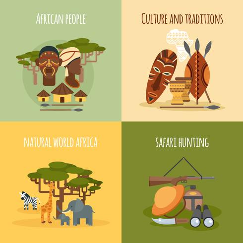 African 4 iconos planos composición cuadrada vector