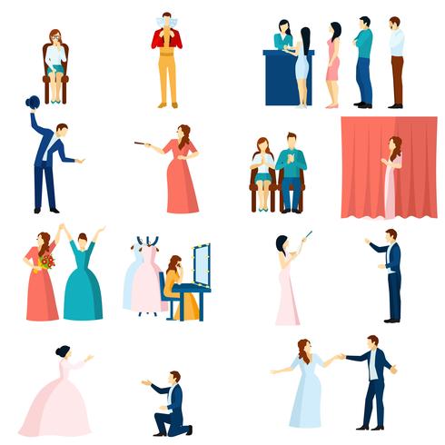 Theater actors flat icons set  vector