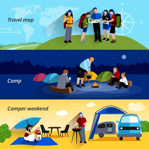 conjunto de banners camper personas vector