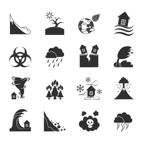 Conjunto de iconos monocromo de desastres naturales vector