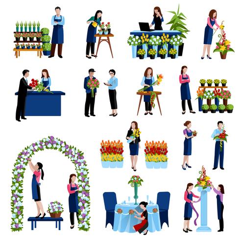 Florists arranging flowers flat icons set vector