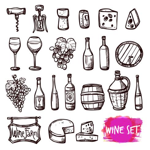 Conjunto de iconos de doodle de vino negro vector