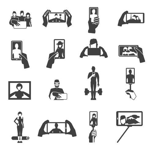 Taking selfie photos black icons set vector