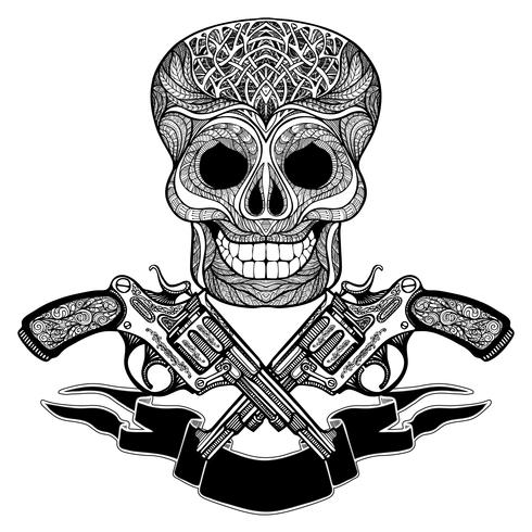 Crossed Guns With Ornaments  Ribbon And  Skull vector