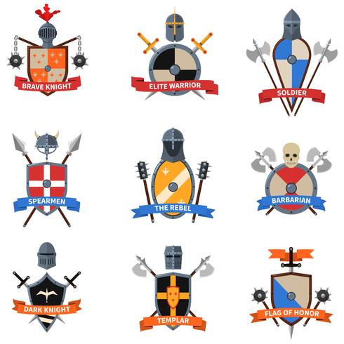 Medieval knights emblems flat icons set vector