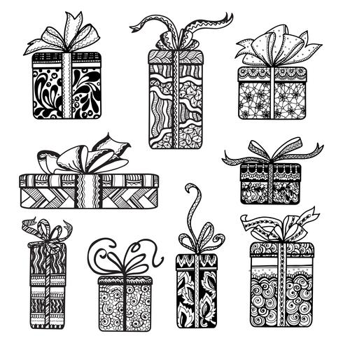 Cajas de regalos decorativas set doodle negro vector