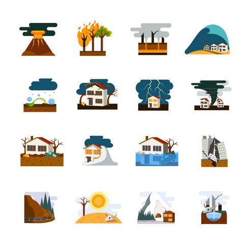 Conjunto de iconos planos de desastres naturales vector