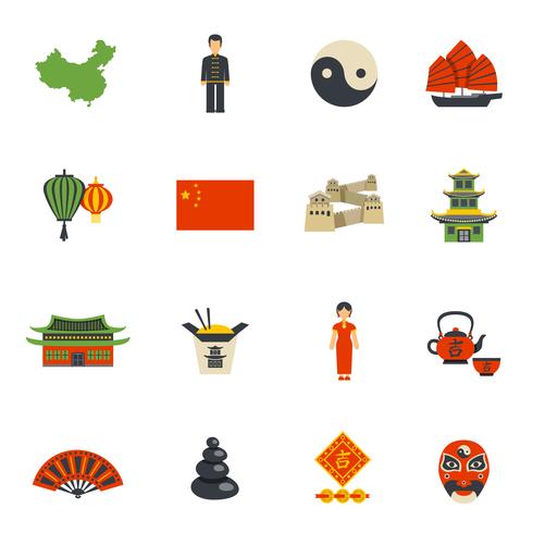 Conjunto de iconos planos de símbolos de la cultura china vector