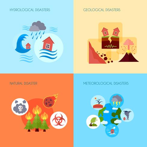 Natural disaster 4 flat icons square vector