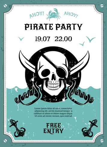 Cartel de anuncio de fiesta pirata con calavera. vector